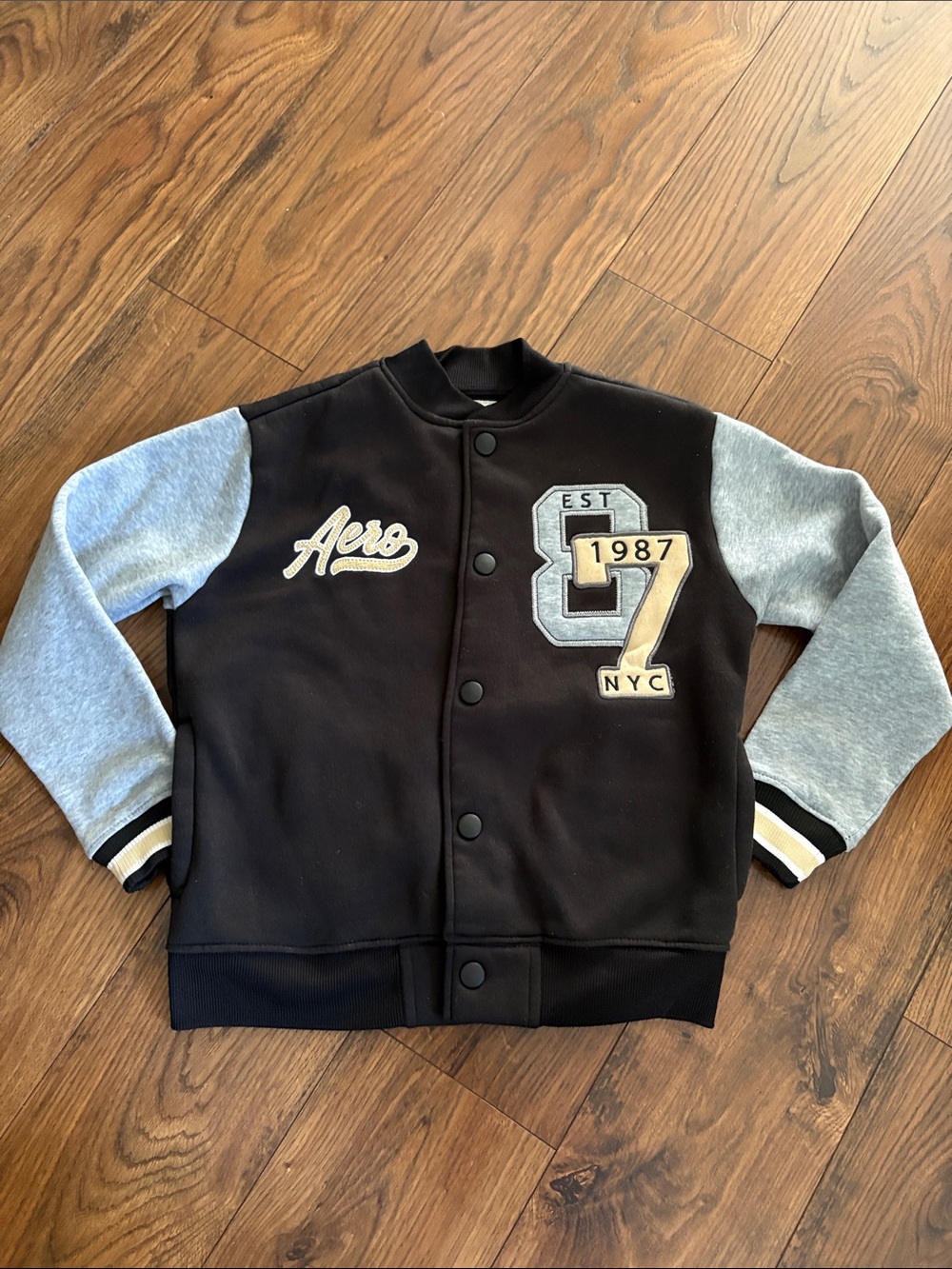 Kids Aero Varsity Jacket in Black and Light Gray